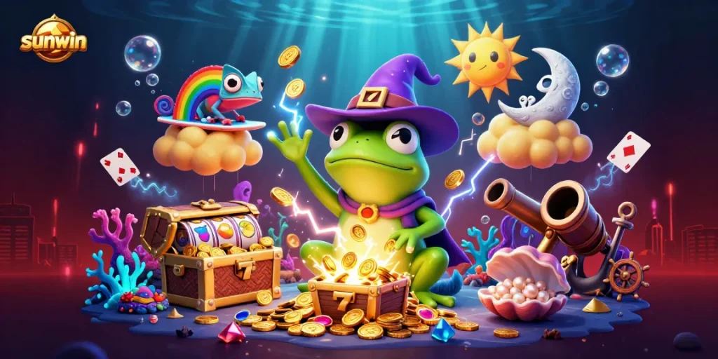 Experience the magical world of sunwin with a whimsical 3D casino scene filled with golden treasures.