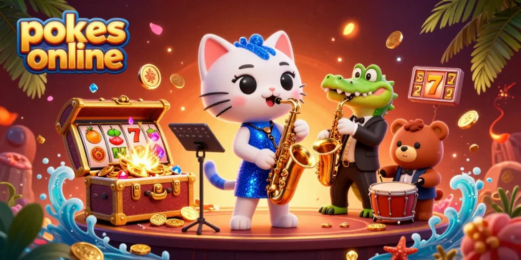 Engage in pokies online with a jazzy cat, croc, and bear in an energetic casino illustration.