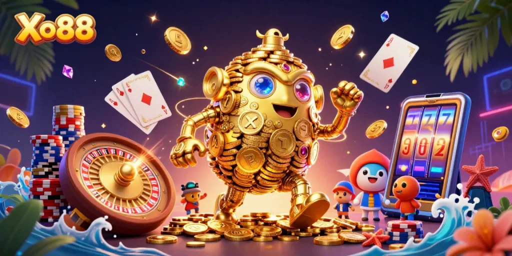 Xo88 offers a vibrant casino experience with golden golem, spinning roulette, and sparkling gems.