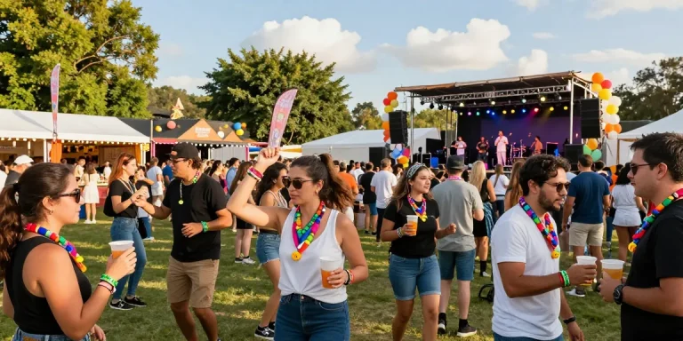 Attendees with pulseras de tela con chip personalizadas enjoying a vibrant festival atmosphere, showcasing live music and community.