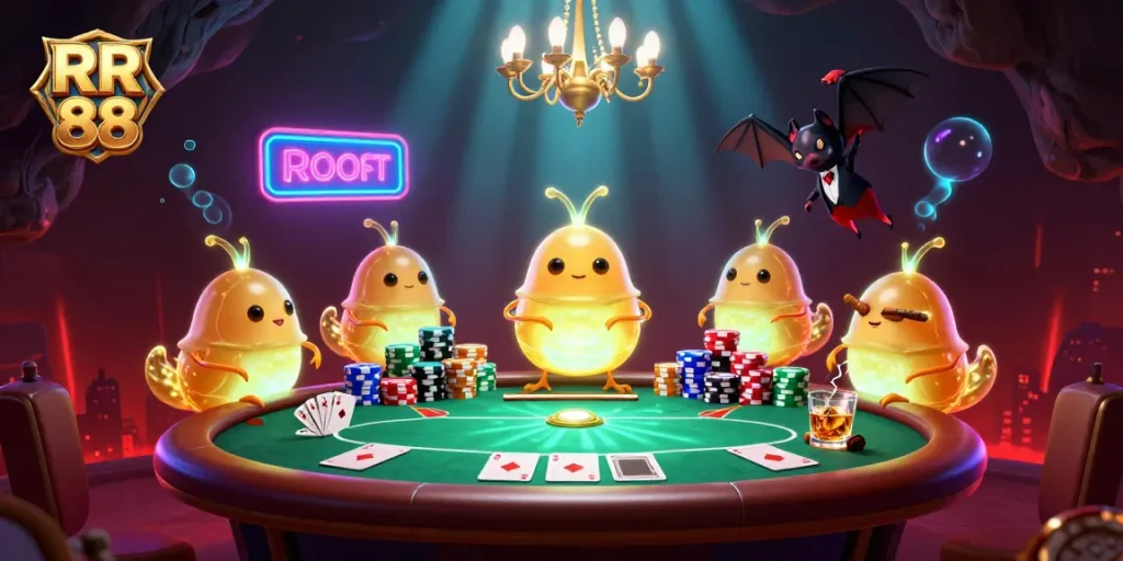 Experience the excitement of RR 88 with vivid glowworms and a bat dealer in a vibrant casino atmosphere.